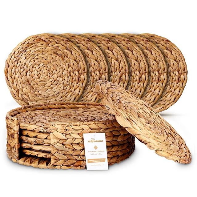 Wovanna Woven Placemats for Dining Table - Set of 6 Adorable Thick Rustic Round Kitchen Placemats with Decorative Round Holder – All Natural Wicker Tablemats Hand-Braided from Water Hyacinth, 11"