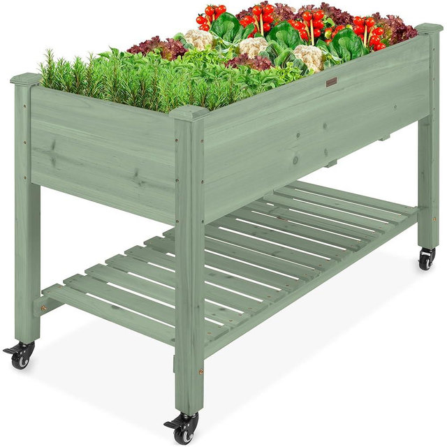 Best Choice Products Raised Garden Bed 48x24x32-inch Mobile Elevated Wood Planter w/Lockable Wheels, Storage Shelf, Protective Liner - Sage