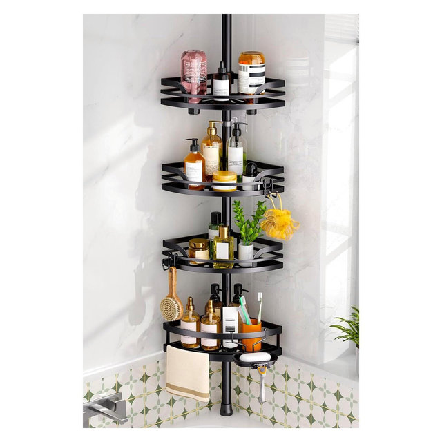 HAMITOR Shower Caddy Tension Pole：4-Tier Rustproof Bathroom Corner Shelf for Renters Adjustable Bathtub Organizer with Soap Holder large