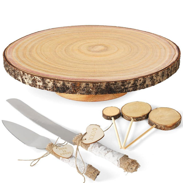 Wood Cake Stand- /w Wooden Slice Cake Topper and Cake Cutting Set, 12” Rustic Wedding Cake Stand, Wooden Cake Stand for Wedding Receptions or Any Special Events