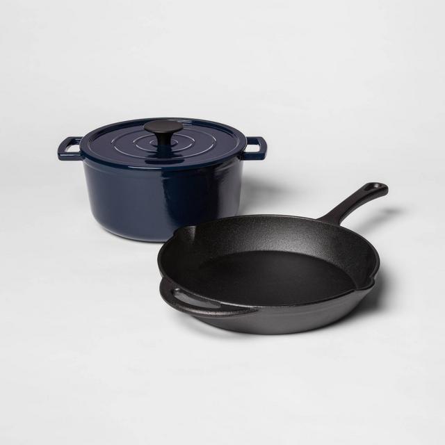 Pre-Seasoned Cast Iron Skillet and Enameled Dutch Oven Set Navy - Threshold™