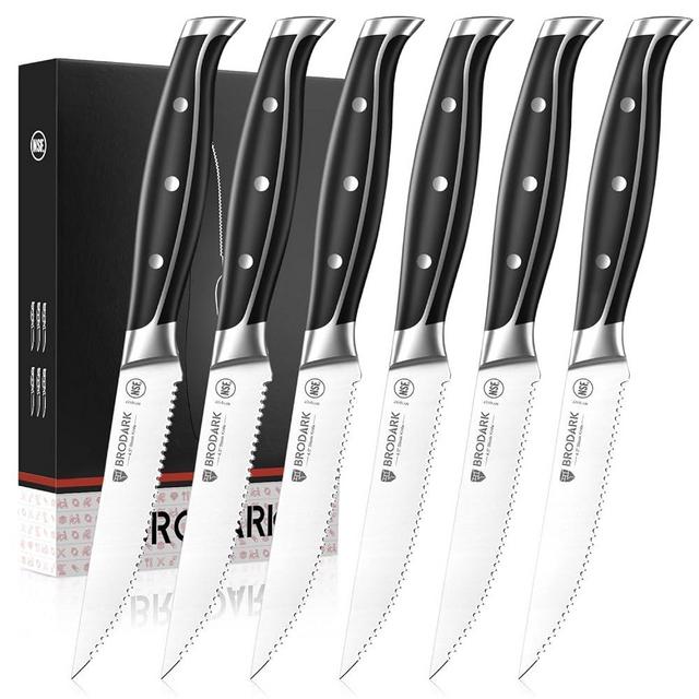 BRODARK Steak Knives Set of 6, Serrated Steak Knives with Full Tang Handle, High Carbon Stainless Steel Steak Knife Set, NSF Certified, Steel-King Series