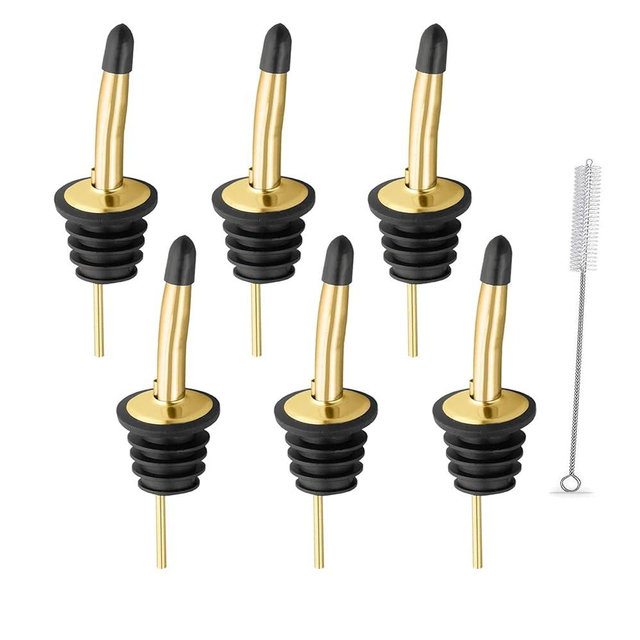 WAFJAMF 6 Pcs Liquor Pour Spouts Set, Stainless Steel Liquor Bottle Pourers with Rubber Dust Caps, for Pours Liquid, Olive Oil, Wine, Vinegar (Gold)