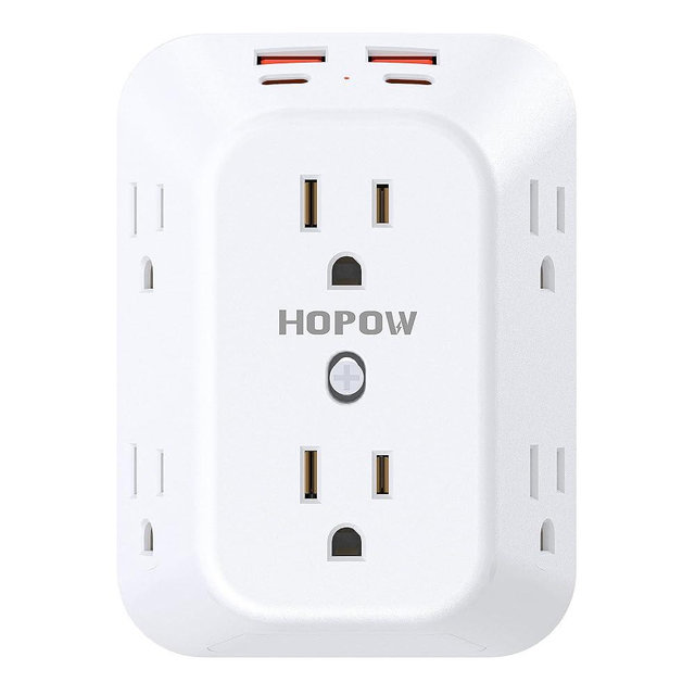 HOPOW Outlet Extender Surge Protector, 6 Outlet Splitter with 4 USB Ports (2 USB C), USB Wall Charger, 3-Sided 1050J Multi Plug Wall Outlet, Wall Mount for Home Travel Office Travel, White