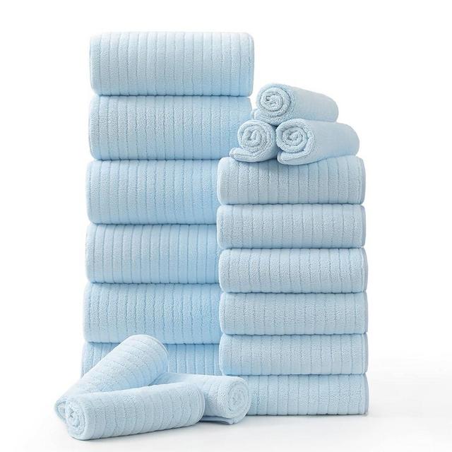 Hailea 18 Piece Family Bath Towel Set Include 6 Bath Towels,6 Hand Towels and 6 Washcloths Soft Bathroom Towel with Hanging Loops,Highly Absorbent Quick Dry Towels Set for Bathroom,Hotel and Spa-Blue