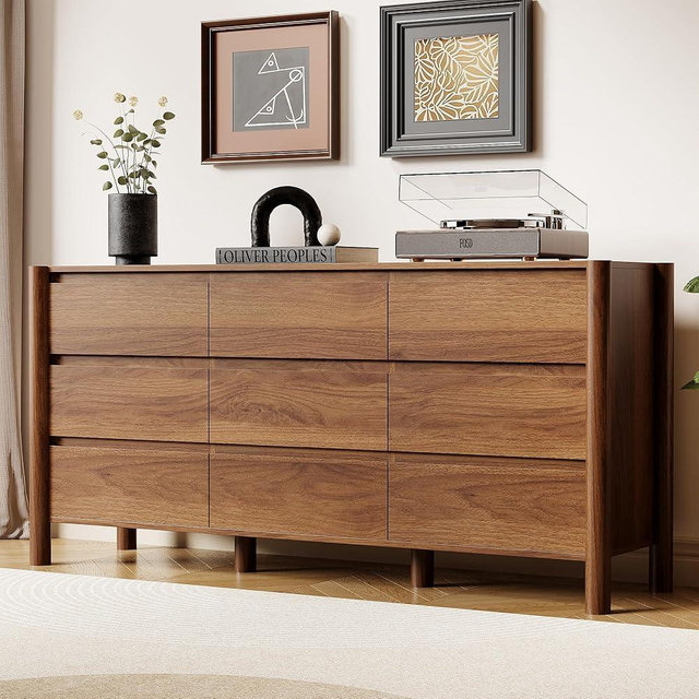 HOUROM 63" Wide 9-Drawer Dresser for Bedroom, Mid-Century Modern Chest with Solid Wood Legs, Concealed Handle,Large Wood Storage Organizer, Bedroom Storage,Walnut