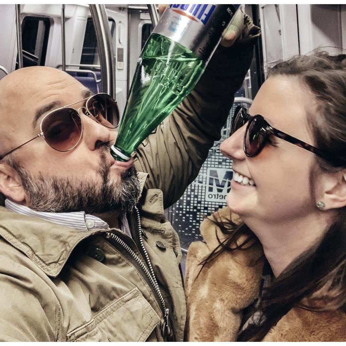Metro in DC right before lockdown in 2020. The restaurant we went to was very proud of their water. We paid an arm and a leg for it, so we took the bottle. Sunglasses are not needed on the train.