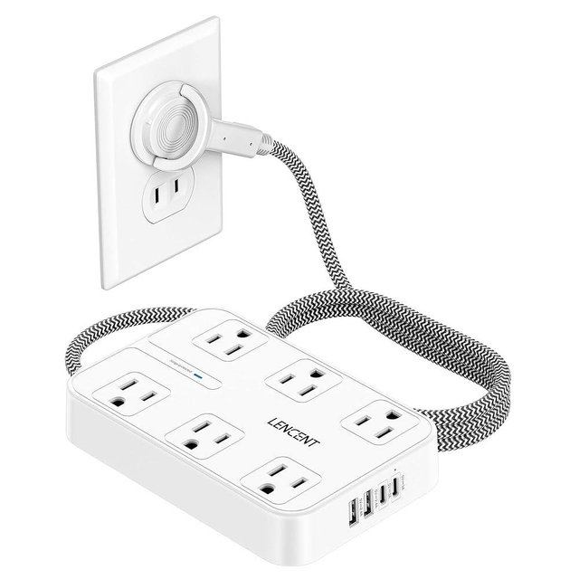 LENCENT 2 Prong Power Strip,2 Prong to 3 Prong Outlet Adapter,Two Prong Surge Protector, 6ft Braided Flat Plug Extension Cord, 6 AC & 4 USB (2 Type C), Wall Mount for Non-Grounded Outlet