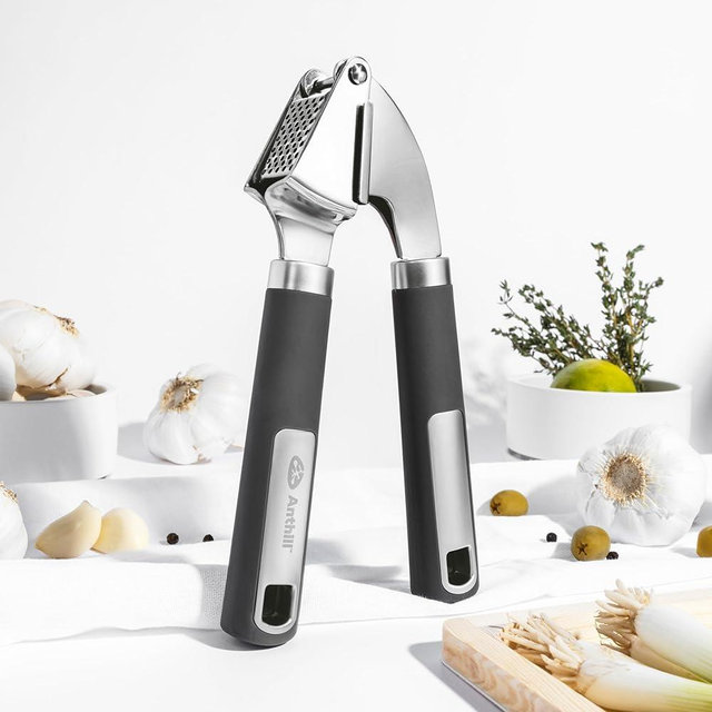 Anthill Premium – Heavy Duty Garlic Press - Stainless Steel – Rust proof – Dishwasher Safe – Garlic Mincer tool – Easy-Clean with Soft Grip Handle – Strong and Durable – Press Garlic with ease (Grey)