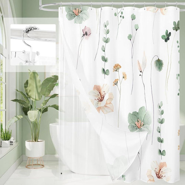 Gibelle Extra Long 3 in 1 Shower Curtain Set, Watercolor Floral Bath Curtain and PEVA Liner Set with 12 Double Sided Steel Hooks, Modern Waterproof Fabric Bathroom Curtain 72x84, Sage Green