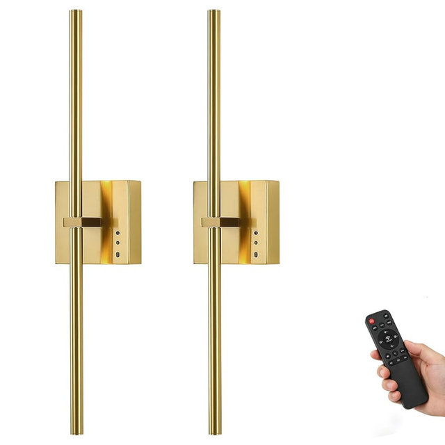 JUSHENG 5000mAh Battery Operated Wall Sconce, 3000K/4000K/6000K Dimmable Brass Cordless Rechargeable Wall Sconces Set of Two with Timer Function for Living Room, Bedroom, Stairwell, 23.6 in