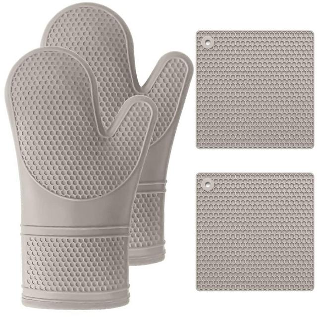 Gorilla Grip Heat Resistant Waterproof Silicone Oven Mitt and Pot Holder 4 Piece Set, Almond