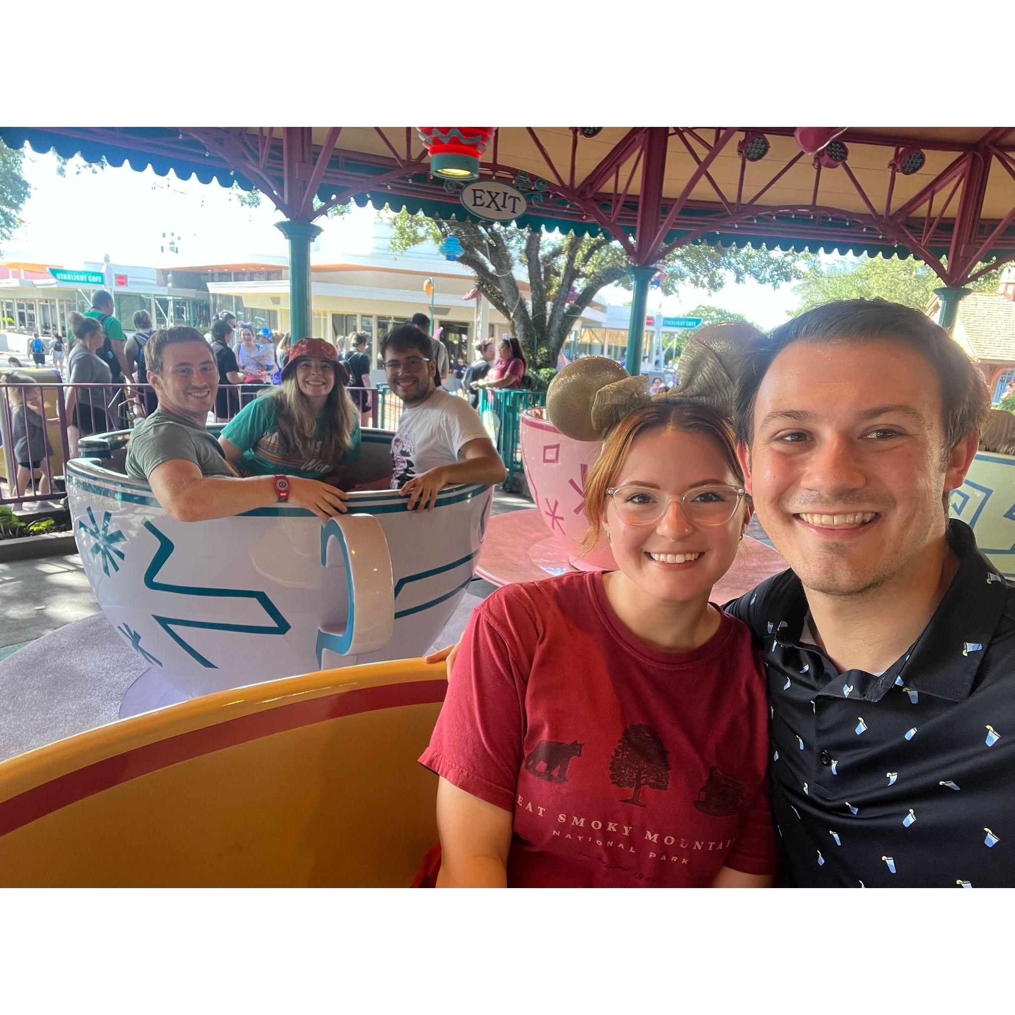 Bethany, Quinton, Anthony, Kayla, and Cesar on the tea cups at Disney!