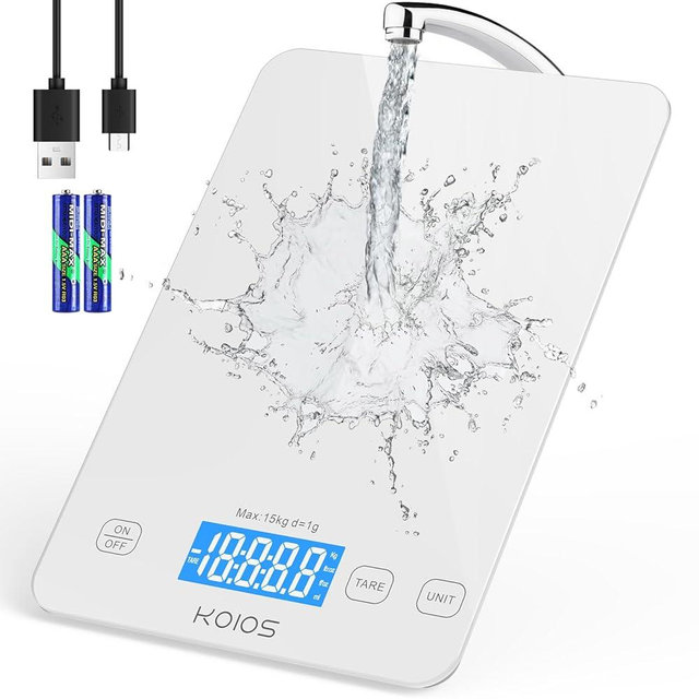 KOIOS Kitchen Scale, 33lb/15kg Digital Food Scales for Kitchen, Weight in Grams and Ounces, 1g/0.1oz Precise Graduation, Batteries and Type-C Charging, Tare Function, LCD Display(White)