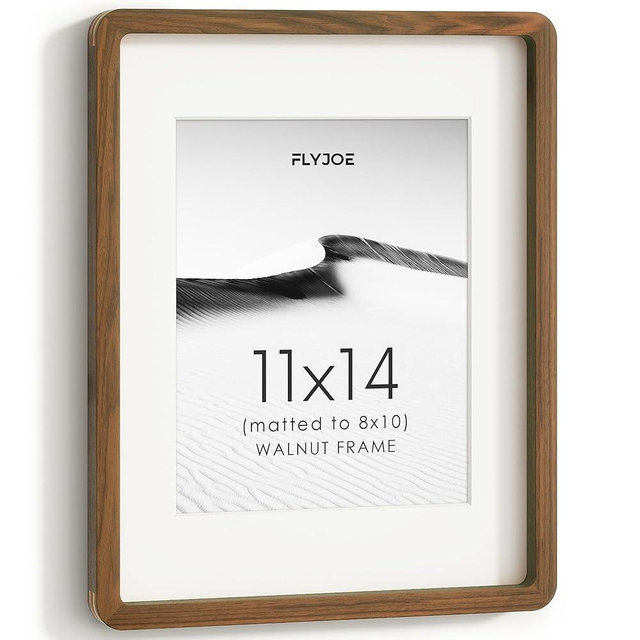 FLYJOE 11x14 Picture Frame, Natural Solid Walnut Wood Photo Collage Frame with HD Tempered Glass, Handcrafted Wooden Frame 11 x 14 Matted to 8x10, Horizontal or Vertical Wall Mounting
