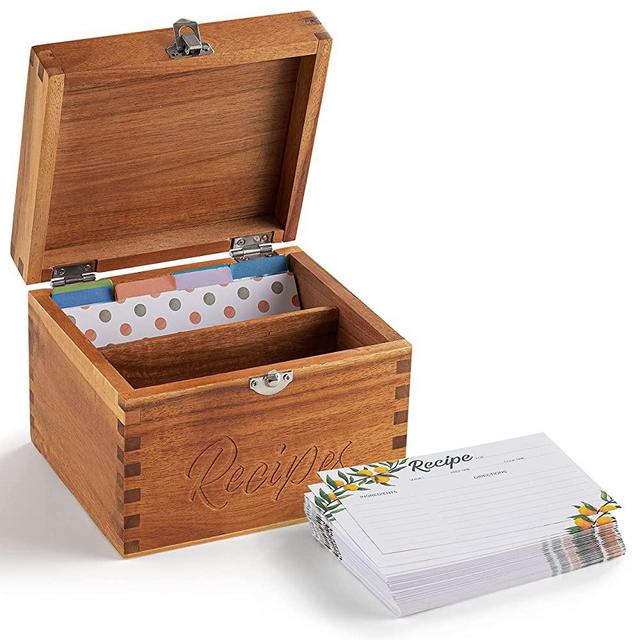 TIDITA Acacia Wood Recipe Box with Cards - Blank Recipe Box Wooden Set Come with 100 4x6 Recipe Cards, 8 Dividers, Cards Made with Thick Card Stock. Perfect Recipe Organizer (Acacia Wood)