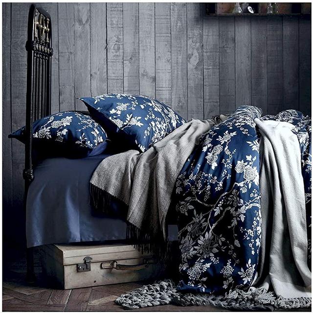 Eastern Floral Chinoiserie Blossom Print Duvet Quilt Cover Navy Blue Tan White Asian Style Botanical Tree Branches Ornamental Drawing 400TC Egyptian Cotton 3pc Bedding Set (King)