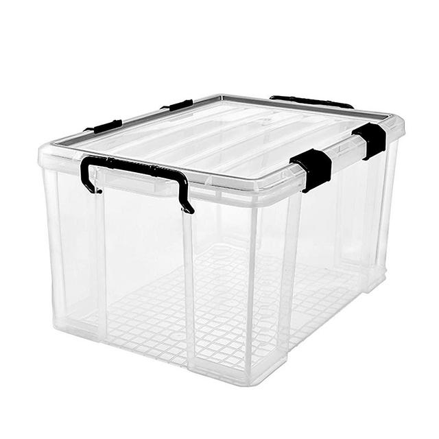 3-Pack Waterproof Plastic Storage Box, 90QT/85L Stackable Latch Box Durable Multi-Purpose Locking Bin with Lid and Black Clips for Bedding, Toys, Shoes and Clothes (Clear)