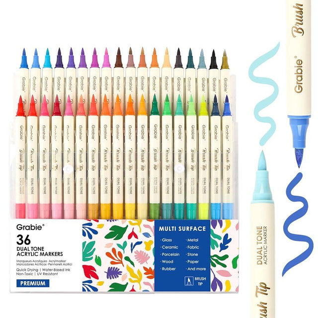 Grabie 72 Colors Acrylic Paint Markers, Soft Brush Tip Acrylic Markers Set, Water Based Acrylic Markers for Wood, Fabric, Canvas, Glass, Stone, Rock Painting and DIY Crafts Art Supplies, Set of 36