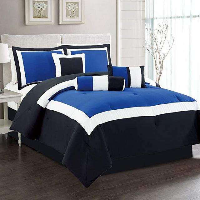 Grand Linen 7 Piece Oversize Navy Blue/Black/White Color Block Emma Comforter Set 106" X 94" California King Size Bedding