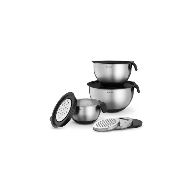 Belwares Set of 3 Stainless Steel Mixing Bowls with Airtight Lids and Graters, Black