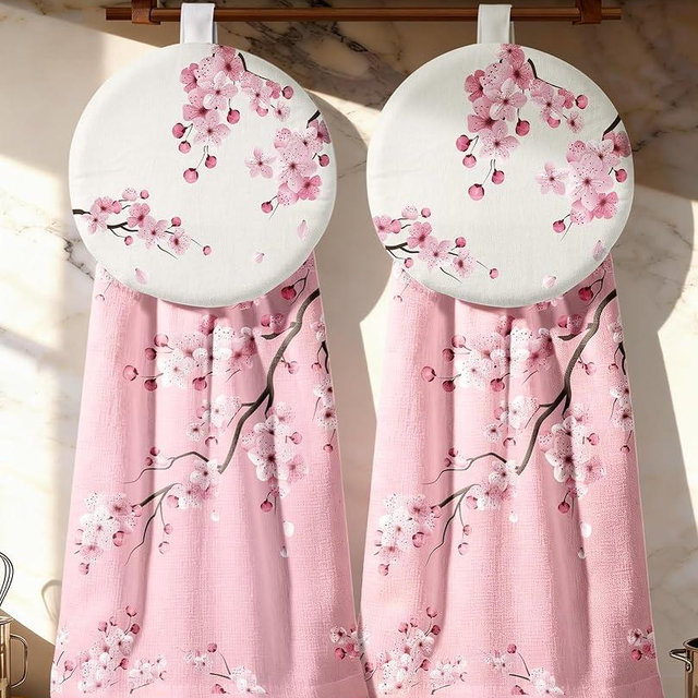 Miss Adola Cotton Hanging Hand Towels - 2pcs Hand Drying Towels for Kitchen Bathroom with Hanging Loop Cute Decorative Soft Terry Cloth Kitchen Towel with Pink Blossom Design for Housewarming Gifts