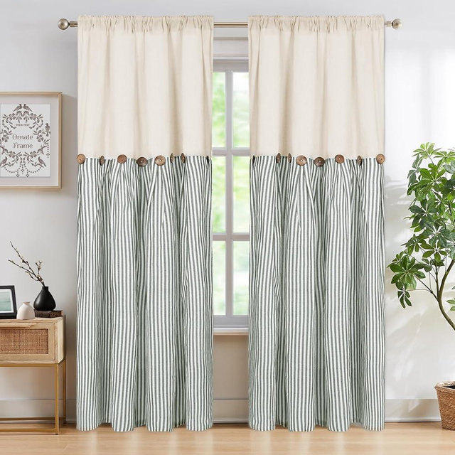 ASPMIZ Cotton Linen Farmhouse Curtains Boho Rustic Button Curtain, Linen Window Curtain Panels Green Stripe Country Curtains for Living Room Bedroom, Back Tab Window Drapes, 52 x 84 Inch, 2 Panels