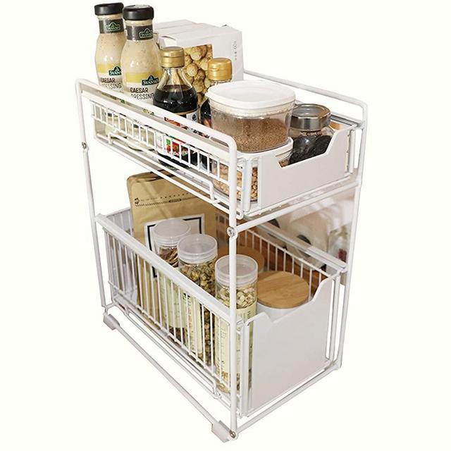 TristonSong Stackable 2-Tie Under Sink Cabinets Organizer with Sliding Storage Drawer, Pull Out Cabinets Organizer Shelf, Sliding Kitchen Countertop Storage Basket-White Large