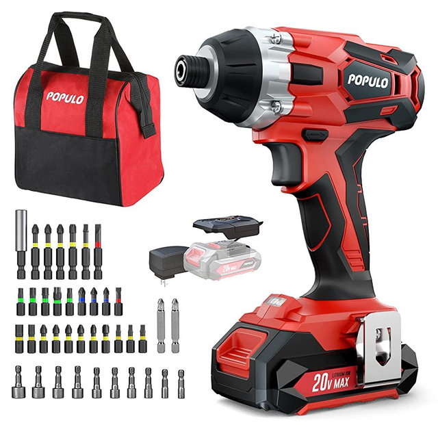 POPULO Impact Driver Kit, 1770 in-lbs 20V Max Lithium Ion Cordless 1/4" Hex Impact Drill, 0-2900RPM Variable Speed, Battery, Fast Charger, 39 Piece Impact Drive Bits and Tool Bag Included.