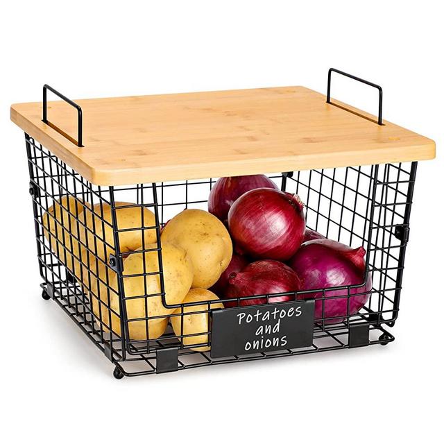 Kitchen Counter Basket with Bamboo Top - Countertop Organizer for Produce, Fruit, Vegetable ( Onion, Potato ), Bread, K-Cup Coffee Pods - Wire Basket for Cabinet Pantry Organization and Storage