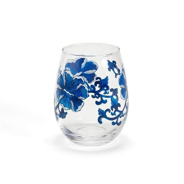 Two's Company Blue and White Flower Set of 4 Hand-Painted Stemless Wine Glass
