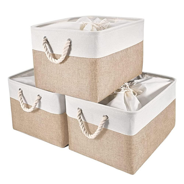 HOdo Home Foldable Storage Bin with Drawstring Closure and 2 Bold Handles, Collapsible Large Canvas Storage Baskets for Organizing Shelf Nursery Home Closet (White&Yellow, 15.8L×11.8W×9.5H - 3Pack)