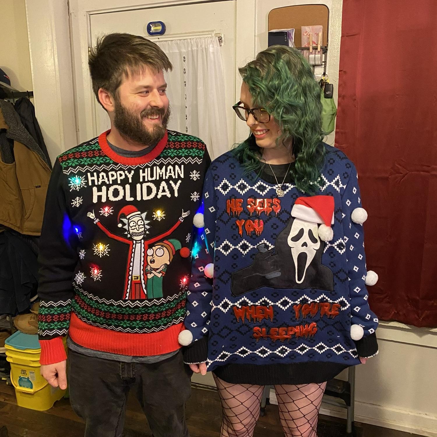 Date night: Rocky Horror Picture Show and an ugly Christmas sweater contest.