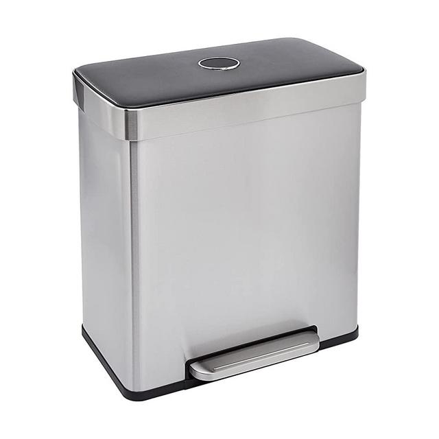 Amazon Basics Rectangular Recycling Trash Can with 2 Compartments - 60 Liter
