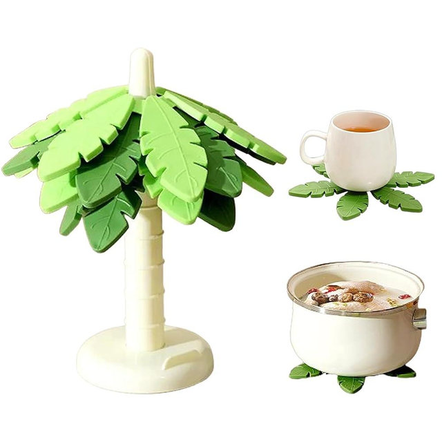 Silicone Trivets for Hot Dishes and Pans, Heat Resistant Tree-Shaped Pot Holders (Set of 4) BPA Free, Non-Slip Kitchen Trivet Mats, Elegant Christmas Design for Countertops & Dining Tables Green