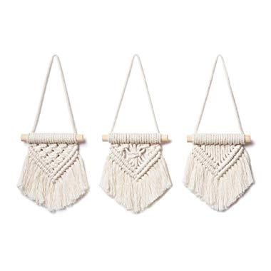 Mkono Mini Macrame Wall Hanging Set of 3 Cute Macrame Holiday Ornaments Boho Geometrical Art Woven Car Mirror Charm for Nursery Apartment Bedroom Living Room Dorm Home Decor Handmade Gifts Idea