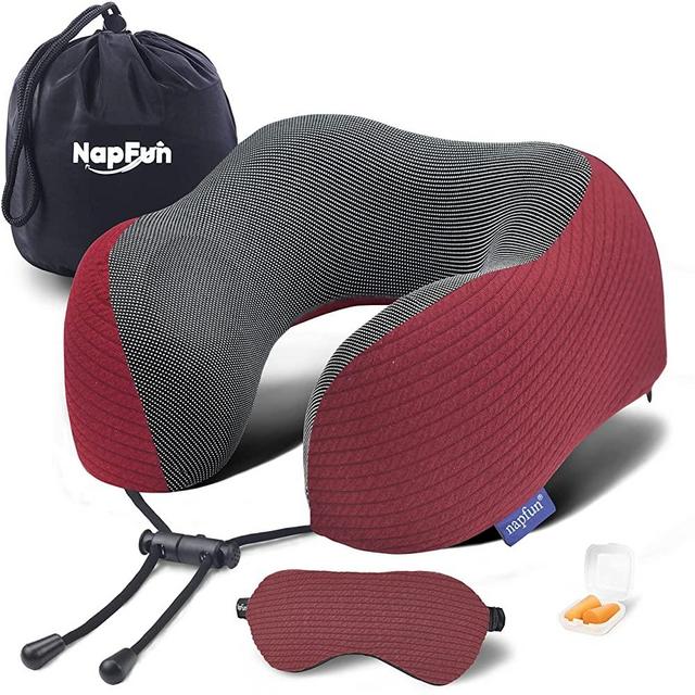 napfun Neck Pillow for Traveling, Upgraded Travel Neck Pillow for Airplane 100% Pure Memory Foam Travel Pillow for Flight Headrest Sleep, Portable Plane Accessories, Wine-Red Set, Medium (120-200LB)