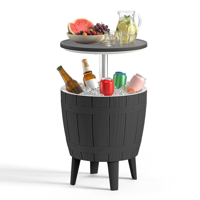 EasyUp Outdoor Resin Ice Bucket & Beverage Cooler-Patio Cooler Table with UV Protection,Wood-Look Side Tables for Your Patio, Picnic, and Beach Party (Black)