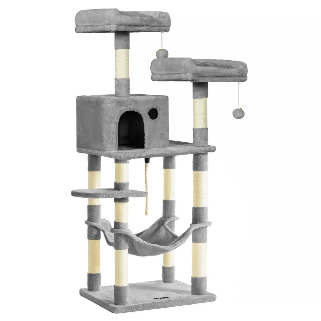 FEANDREA Cat Tree, Cat Tower for Indoor Cats, 56.3-Inch Cat Condo with Scratching Posts, Hammock, Plush Perch, Light Gray