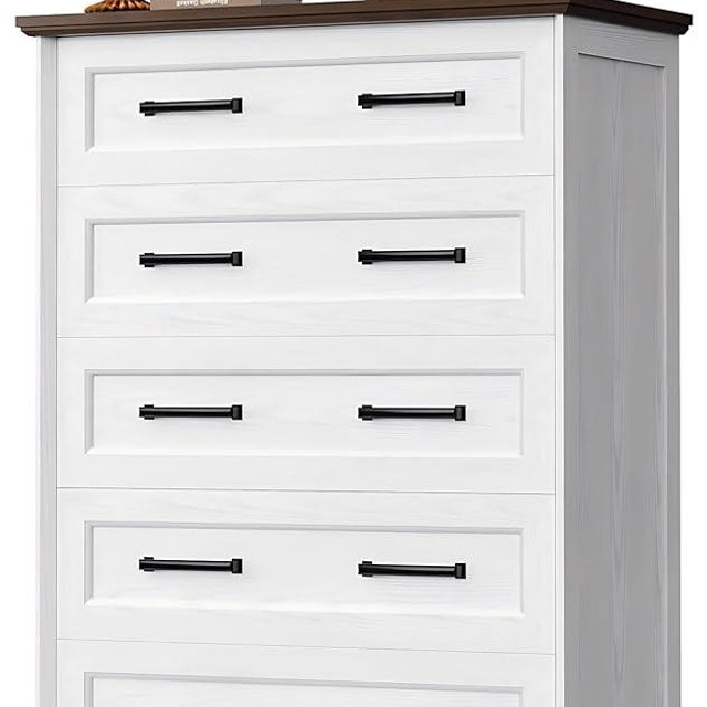 YESHOMY Tall Dresser for Bedroom,Farmhouse 5 Drawers Dresser, Chest of Drawer Chest, Multi-Tier Clothing Storage Cabinet, White and Brown