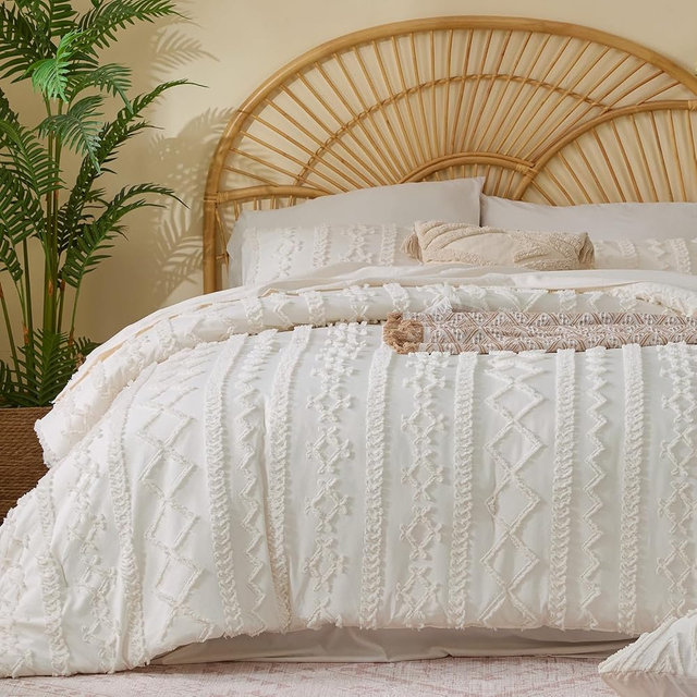 BEDELITE Queen Comforter Set 7 Pieces Cream White - Tufted Boho Bed in a Bag,Farmhouse-Style Embroidery Bedding for All Seasons,Soft Comforter with Sheets, Pillowcases & Shams