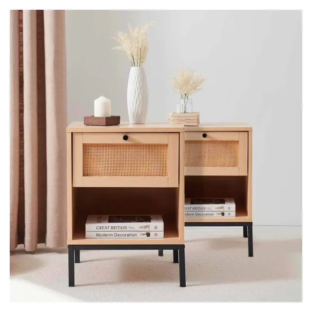 Bryt Set of 2 Nightstands Bedside Table, 1 Drawer Nightstand Wood-Ratten End Table, Natural