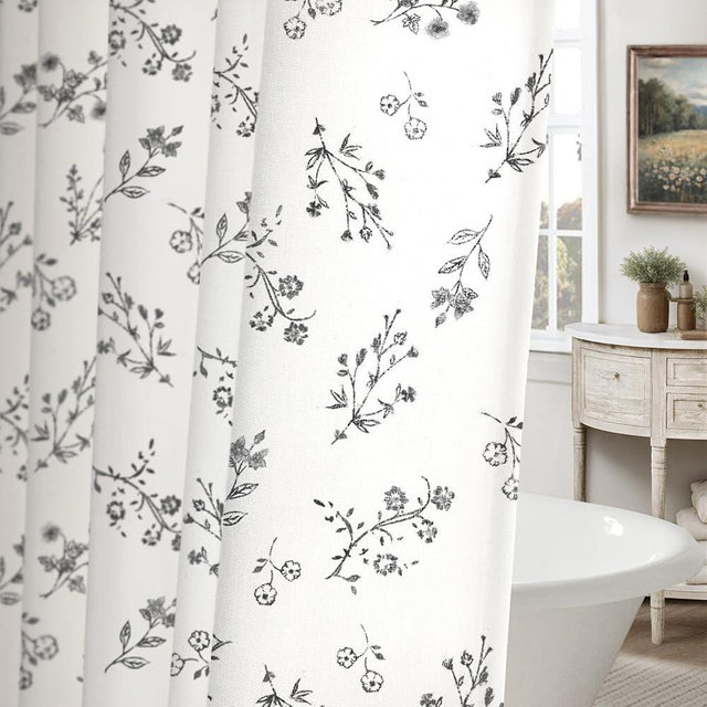 XOGUIBO Black Floral Farmhouse Vintage Cotton Shower Curtain, French Country Shower Curtains for Bathroom, 72Wx72H