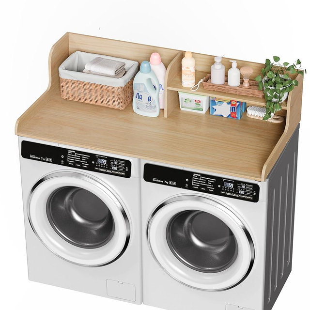 DTK Washer Dryer Wood Countertop with Shelf, Laundry Topper with Non-Slip Mat,27.55" Depth x 54" Width Dryer Covers for The Top with Edge Rails (Light Walnut)