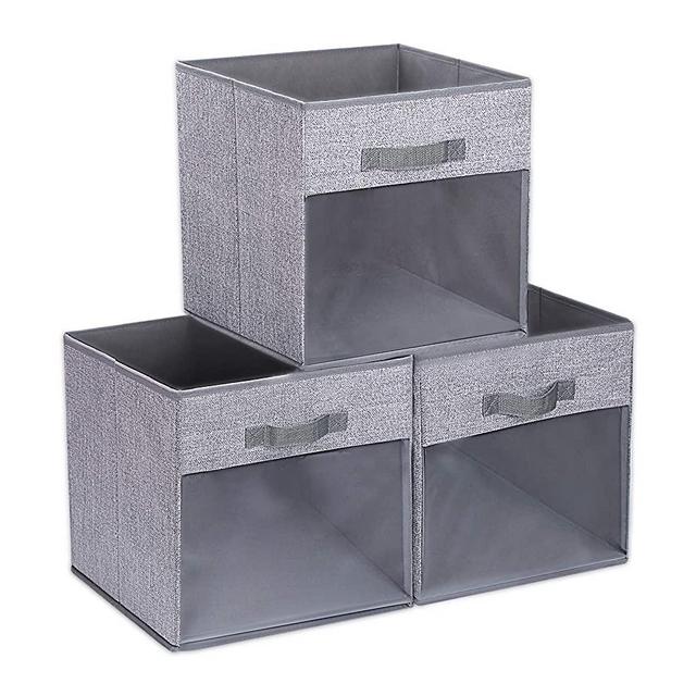 DIMJ Cube Storage Bins, 3 Packs Clear Window Fabric Storage Bin Organizer for Closet Shelves Home Storage Cubes Organizer with Handles