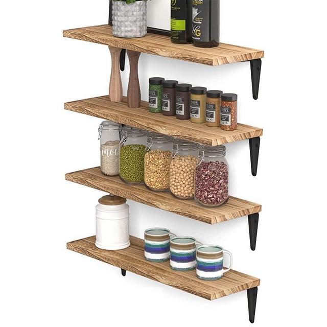 Wallniture Arras Floating Shelves Wall Mounted Set of 4, Wood Wall Shelves for Kitchen Organization and Storage, Burned Finish