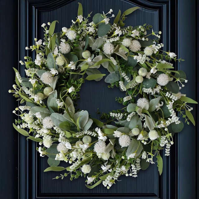 vivimemo 22 inch Spring Wreath White Spiny Ball Green Leaf Green Wreath Summer Front Door Hallway Window Decoration Wedding Party Decoration