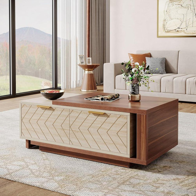 Tribesigns Extendable Coffee Table with 2 Storage Drawers, Dual-Tone Center Table with Sliding Tabletop, Multi-Functional Hidden Storage Wooden Rectangle Cocktail Table for Living Room (Walnut & Oak)