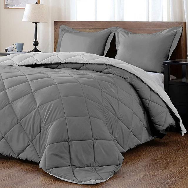 downluxe Lightweight Solid Comforter Set (King) with 2 Pillow Shams - 3-Piece Set - Charcol and Grey - Down Alternative Reversible Comforter