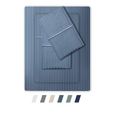 Feather & Stitch 500 Thread Count 100% Cotton Stripe Sheets + 2 Pillowcases, Soft Sateen Weave, Deep Pocket, Hotel Collection, Luxury Bedding Set (Blue, King)